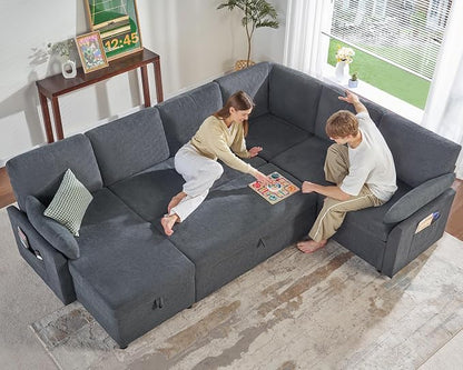 PaPaJet Sofa Bed, 112 Inch Sleeper Sofa, Oversized U Shaped Couch with Storage Chaise, Pull Out Couch for Living Room, Chenille Gray