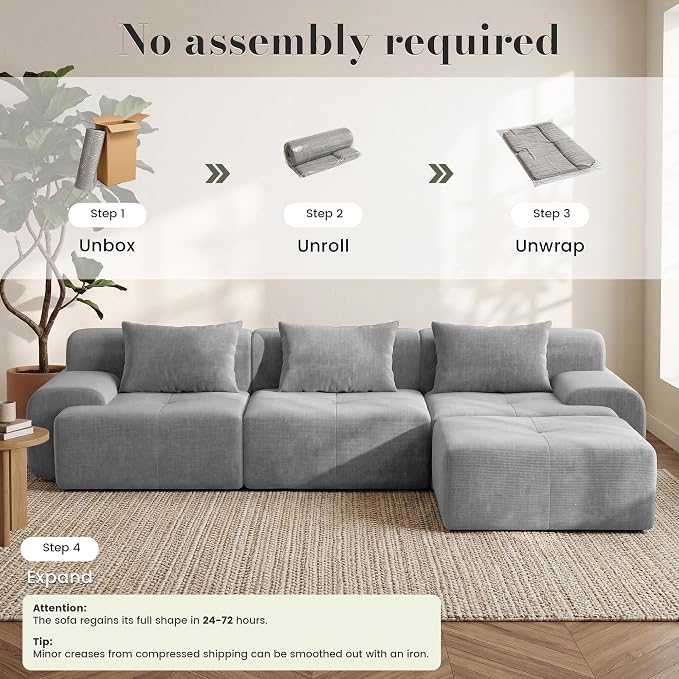 GRUSIGN 108'' Modular Sectional Boneless Couch, Tufted Cloud Sectional Couches for Living Room, L Shape Deep Seat Sofa with Ottoman & 3 Throw Pillows,Corduroy Oversized Couch,Light Grey