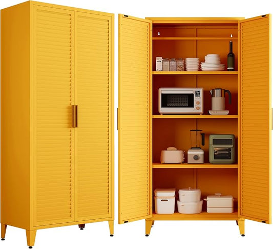 61" Tall Yellow Kitchen Pantry Cabinet, Farmhouse Metal Pantry Storage Cabinets, with 2 Louvered Door and 3 Adjustable Shelves, Multipurpose Storage Organizer, for Home, Entryway, Kids Room