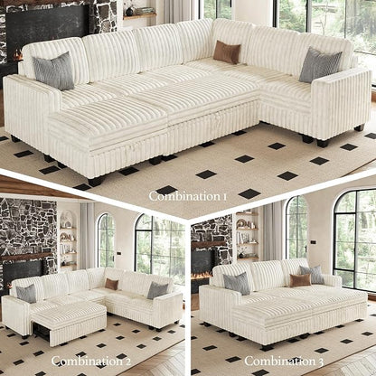 Belffin Modular Sectional Sofa with Storage Chaise Corduroy Sleeper Sofa with Pull Out Bed L Shaped Couch for Living Room. Apartment Couch. Beige