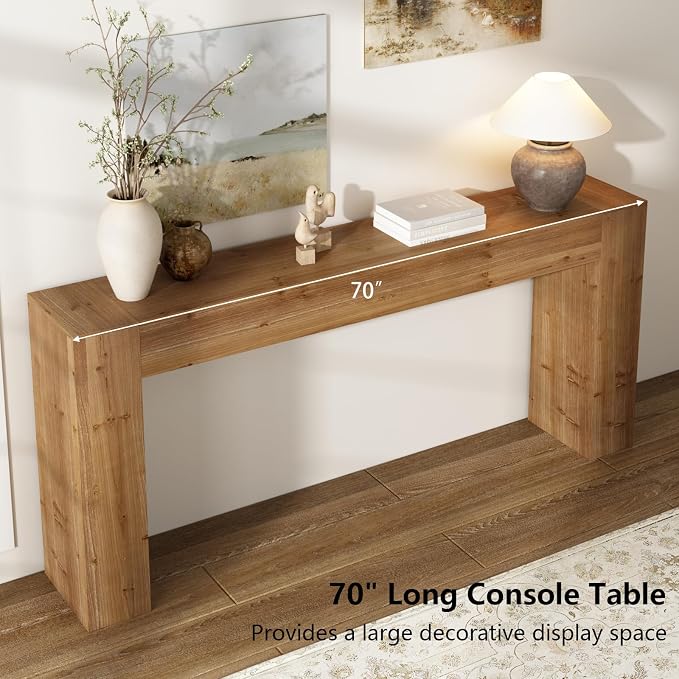 70" Solid Wood Console Table for Entryway, Extra Long Sofa Table | Farmhouse Style, Rectangular, Natural Character Marks, Hand-Made Brushed Finish, for All Room, 10 Mins Easy Assembly