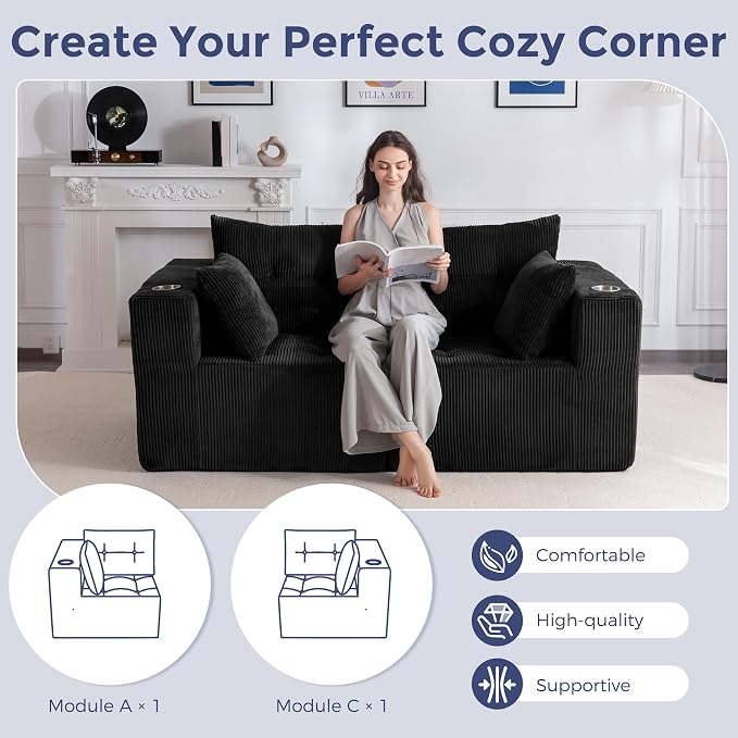 MAXYOYO Modular Sectional Sofa Couch, Loveseat Boneless Cloud Couch for Living Room, Sofa in A Box, Tufted Upholstered Cozy Chair with Cup Holders, No Assembly Required, Black