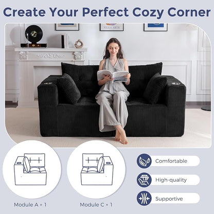 MAXYOYO Modular Sectional Sofa Couch, Loveseat Boneless Cloud Couch for Living Room, Sofa in A Box, Tufted Upholstered Cozy Chair with Cup Holders, No Assembly Required, Black