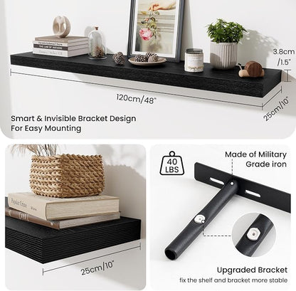 Fun Memories 48 Inch Floating Shelves for Wall - 10 Inch Deep Fireplace Mantel Shelf - Wood Floating Shelf for Wall - Large Storage Shelves Wall-Mount for Living Room & Bedroom - Black - Set of 2