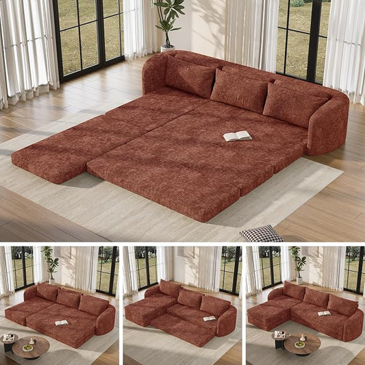 Vesgantti 110.2" Modular Sectional Sofa with Curved Armrest, 6 in 1 Convertible Folding Sleeper Sofa Bed, Chenille Boneless Couch for Living Room, No Assembly Required, Orange, Left Facing Chaise