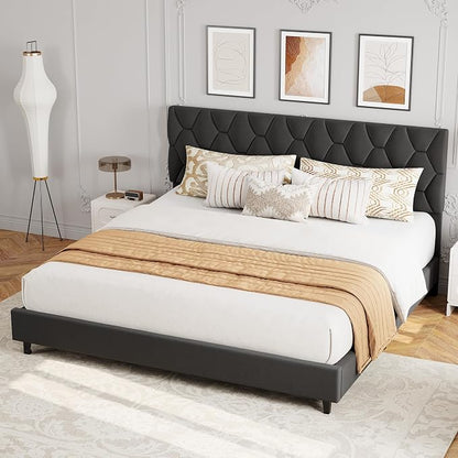 GAOMON Grey King Upholstered Bed Frame with Headboard, Heavy-Duty Platform Bed Frame with Strong Wood Slats, No Box Spring Needed/Easy Assembly/Noise Free