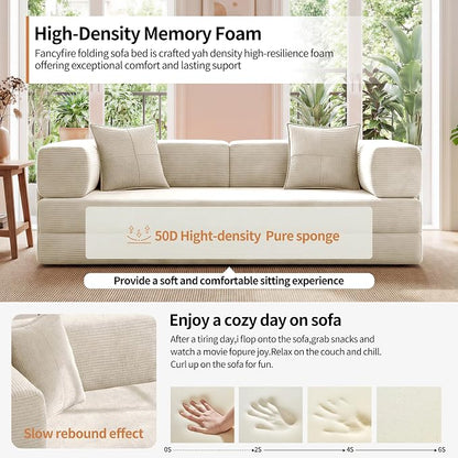 78.8" Convertible Sofa Bed with Armrest Pillow, 4-in-1 Sleeper Couch Bed for Livingroom, Modular Corduroy Boneless couches, No Assembly (Beige)