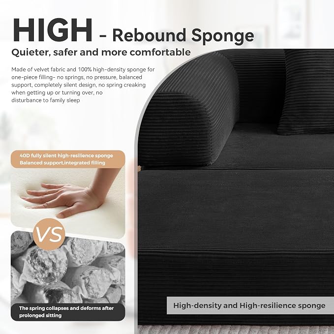 Upgrade High Backrest Design Sofa Bed with Fixed-Shape Frame & Removable Armrests and Backrest, Corduroy Fabric, Convertible Mattress Couch for Small Spaces - No Assembly Needed (Black)