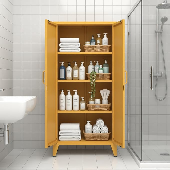 61'' Tall Metal Pantry Cabinet with Lock and 3 Adjustable Shelves,Freestanding Heavy Duty Steel Storage Locker, Yellow Metal Cabinets for Kitchen,Living Room,Laundry,Garage