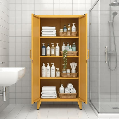 61'' Tall Metal Pantry Cabinet with Lock and 3 Adjustable Shelves,Freestanding Heavy Duty Steel Storage Locker, Yellow Metal Cabinets for Kitchen,Living Room,Laundry,Garage