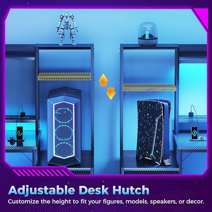 Casaottima 55 Inch Gaming Desk with Hutch & 3 Fabric Drawers, Computer Desk with USB Ports & LED Lights, Reversible Pc Gamer Table with Monitor Stand for Home Office, Carbon Fiber Black
