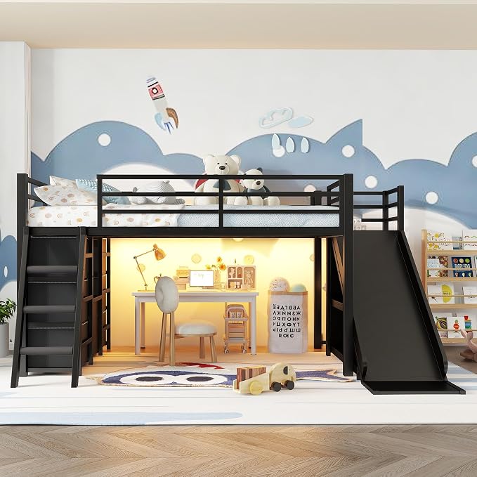 Bellemave Twin Size Loft Bed with 7 Non-Woven Fabric Drawers, Shelves and Wardrobe, Twin Loft Bed with Detachable Slide and Ladders, Low Profile Loft Beds with Lights, Noise Reduced Design Black