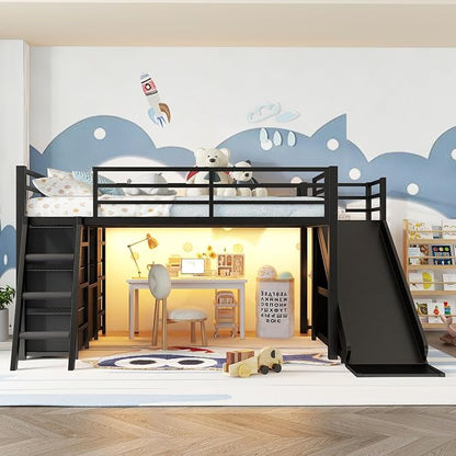 Bellemave Twin Size Loft Bed with 7 Non-Woven Fabric Drawers, Shelves and Wardrobe, Twin Loft Bed with Detachable Slide and Ladders, Low Profile Loft Beds with Lights, Noise Reduced Design Black
