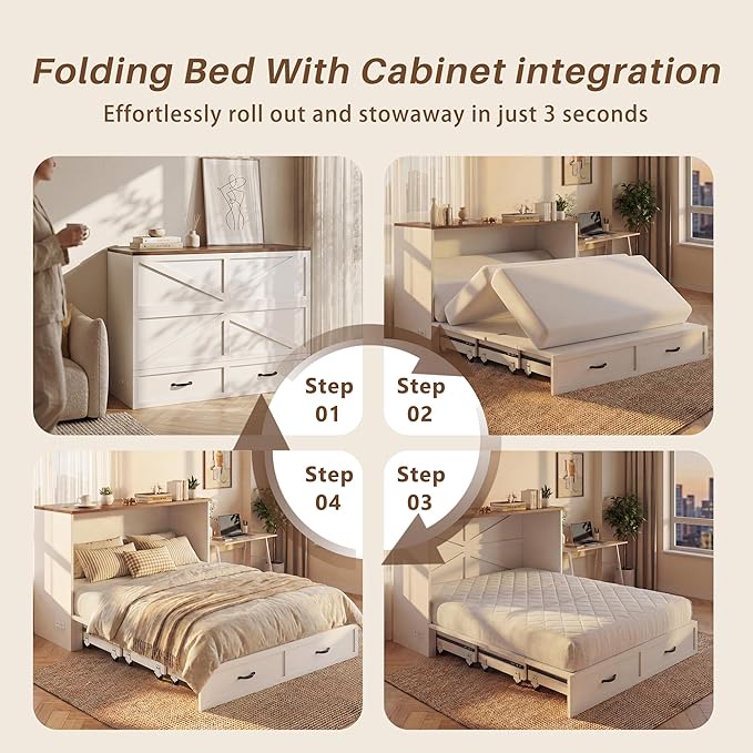 HISOFT Queen Murphy Bed Frame with Charging Station, Freestanding Cabinet Murphy Bed with Fold-Down Panel & Reinforced Support, Space-Saving Design for Small Living Spaces, Shipped in 2 Boxes, White