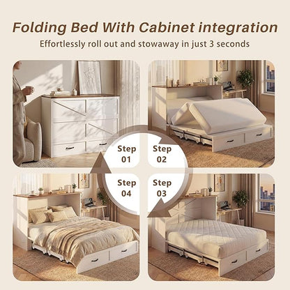 HISOFT Queen Murphy Bed Frame with Charging Station, Freestanding Cabinet Murphy Bed with Fold-Down Panel & Reinforced Support, Space-Saving Design for Small Living Spaces, Shipped in 2 Boxes, White