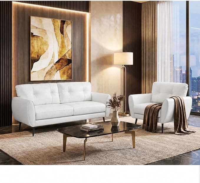 TYBOATLE Mid Century Modern White Leather Couch - 61" Loveseat, Tufted, Comfy 2 Seat Settee for Living Room or Office, Fits Small Spaces, Easy Assembly (2, White)
