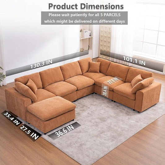 Oversized Modular Sectional Sofa Couch, Large 7 Seater Corner Sofa Modern U Shaped Sectional Couch with Ottoman Cloud Couches for Living Room, Office, Spacious Space, Light Brown