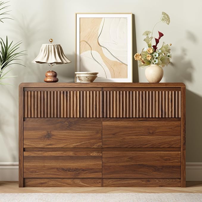 LYNSOM 6 Drawer Dresser for Bedroom, 50" Wide Fluted Dresser with Curved Corners, Wood Dressers & Chests of Drawers with Dual-Panel Design for Bedroom, Entryway, Walnut