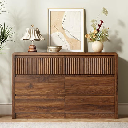 LYNSOM 6 Drawer Dresser for Bedroom, 50" Wide Fluted Dresser with Curved Corners, Wood Dressers & Chests of Drawers with Dual-Panel Design for Bedroom, Entryway, Walnut