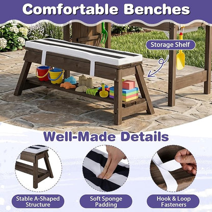 HONEY JOY Kids Picnic Table, 4 in 1 Fir Wood Toddler Sand & Water Table w/Removable Box & Umbrella, Waterproof Cover, Garden Tools, Children Outdoor Table and Bench Set with Cushions (Blue)