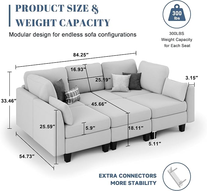Sectional Sleeper Sofa, 6 Seaters Modular Sleeper Sofa Couch, Comfy Sectionals Couches Bed, Convertible Sofas with Ottomans, Modular Sectional Couches for Living Room, Light Grey
