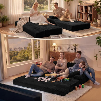 78.7IN Folding Sofa Bed - Convertible Sleeper Sofa Couch with Zippered Pillows, 3 Seater Couches Bed for Living Room, Bedroom, Apartment, No Assembly Required, Freestanding, Corduroy, Black