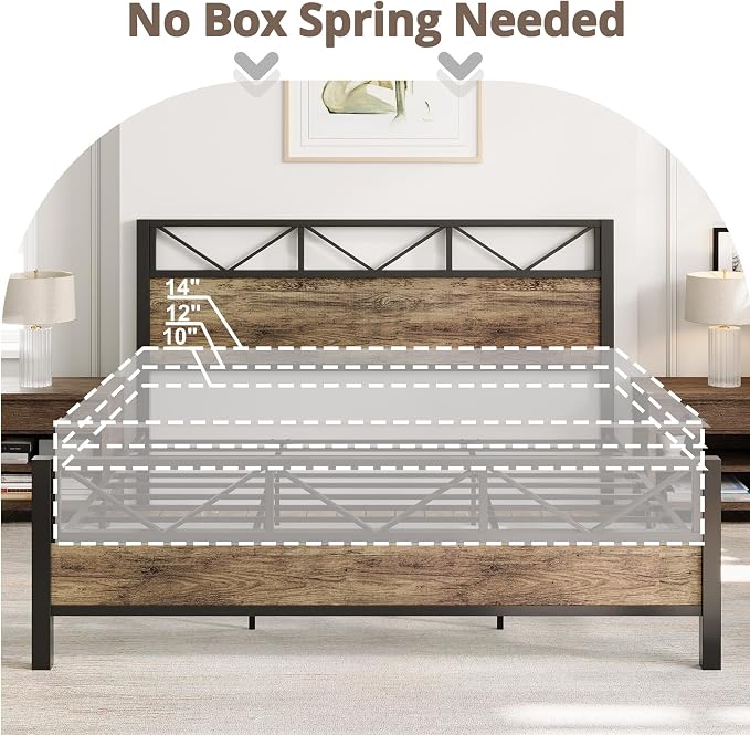 LIKIMIO Queen Bed Frame, Tall Industrial Headboard 51.2 ", Platform Bed Frame with Strong Metal Support, Solid and Stable, Noise Free, No Box Spring Needed, Easy Assembly, Rustic Maple