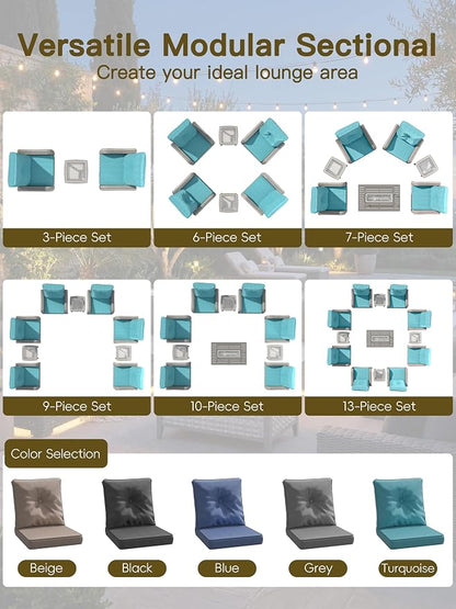 9-Piece Patio Furniture Set, Outdoor Swivel Rocking Chairs with 4" Thick Cushions & Side Table, All-Weather PE Rattan & Rust-Resistant Steel Frame Conversation Set for Porch, Backyard,Turquoise