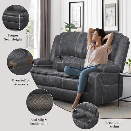 Yolsali Loveseat Recliner Sofa, Manual Wall Hugger Reclining Loveseat with Removable Armrest, 2-Tier Cushions, USB Ports & Cup Holders, RV Couch for Travel Trailers/Living Room, Velvet Gray