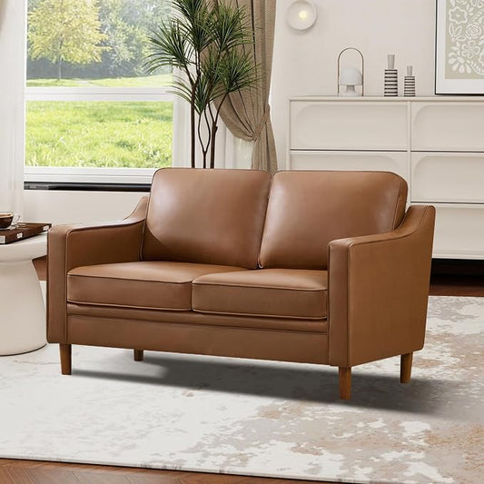 Kingfun 60" Faux Leather Sofa, Loveseat Couch, Mid Century Modern Love Seat Couches with Solid Wood Frame for Living Room Bedroom