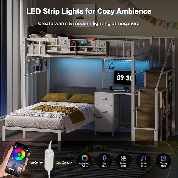 Kikihouse Twin Over Twin Loft Bunk Bed with Desk, Stairs, Drawers & Storage Shelves, L-Shaped Metal Bunk Bed with Charging Station & LED Light for Kids, Teens, Adults (Twin Over Twin)