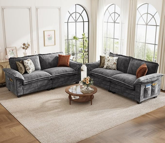 KKL 89 Inch Modular Sectional Sofa, 2 Sets of Loveseat Cloud Couches with Deep Seat, Chenille Sectional Couches for Living Room, Apartment, Grey