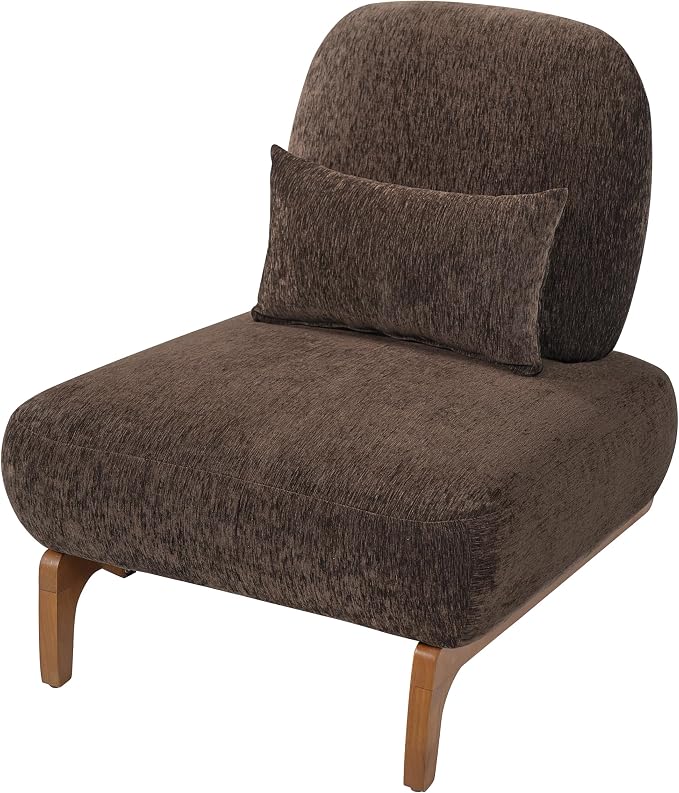Merax Linen Accent Chair with Curved Wood Base and Lumbar Pillow, Dark Brown + Natural