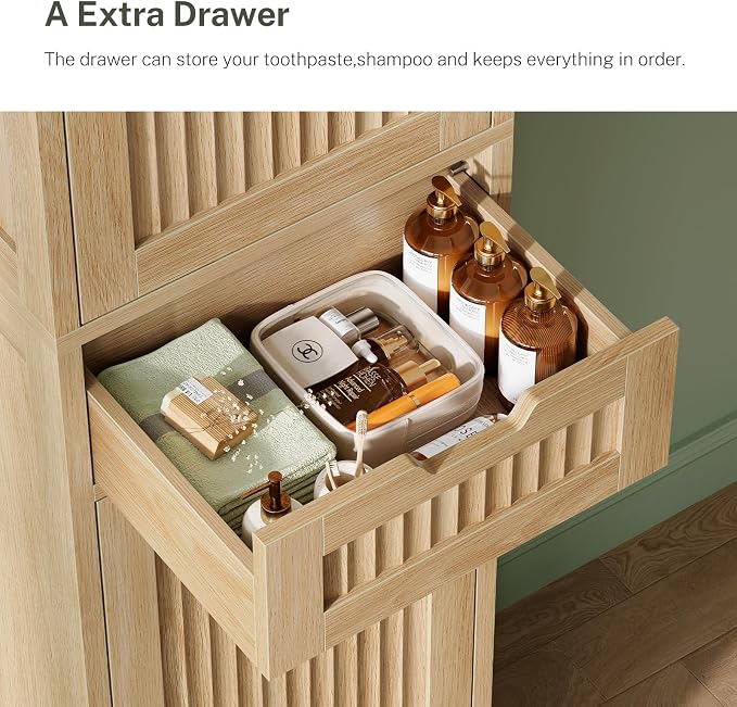 Iwell Tall Narrow Storage Cabinet with 1 Drawer and 2 Doors, Fluted Cabinet with Adjustable Shelves, Rattan Kitchen Cabinet for Bathroom, Living Room, Kitchen, Natural Oak