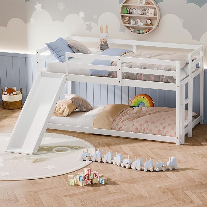 Bunk Bed with Slide, Wooden Bed Frame for Kids, Low Loft Bunk Bed Twin Over Twin with Ladders, Safety Guardrails for Kids, Toddlers, Boys, Girls, Teens, Bedroom (White)