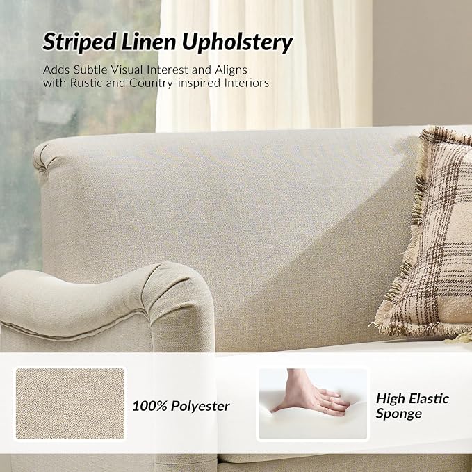 HULALA HOME 50.5" Loveseat Sofa with Solid Wood Spindle Legs, 2 Seater Farmhouse Sofa with Rolled Wide Armrests, Comfy Upholstered Small Couch for Living Room Bedroom, Linen