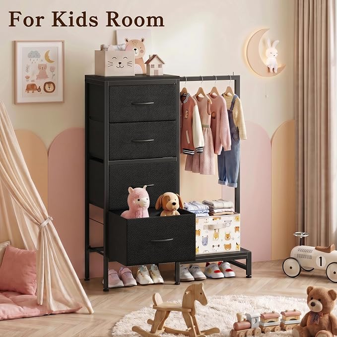 HIGDBFE Tall Dresser 44''H with Hanging Rack, 4 Drawers Small Closet Dresser for Bedroom, Reversible Fabric Chest of Drawers with Clothes Rack, Tall Storage Tower, Sturdy Frame, Black