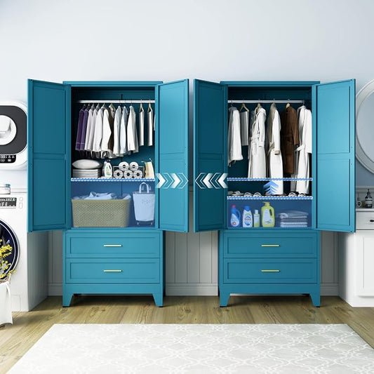 71" H Armoire Wardrobe Closet with 2 Drawers, Metal Wardrobe Closet with Doors and Adjustable Shelves, Wardrobe Cabinet with Hanging Rod, Closets for Bedroom, Laundry Room, Blue
