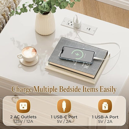 Huuger 27.6 Inch Tall Nightstand with Charging Station, USB-C Port, Larger Night Stand Set of 2, Bedside Table with 2 Drawers, 11.4 Inch Raised Legs, Side Tables End Tables, for Bedroom, White