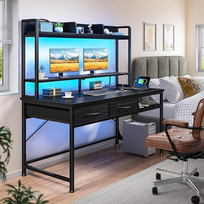 DurayLoly Computer Desk with Shelves and Drawers for Bedroom,Black | Neck&Waist Strain Relief Monitor Stand, Vision-protect RGB LED Suited for Students&Office Sitters