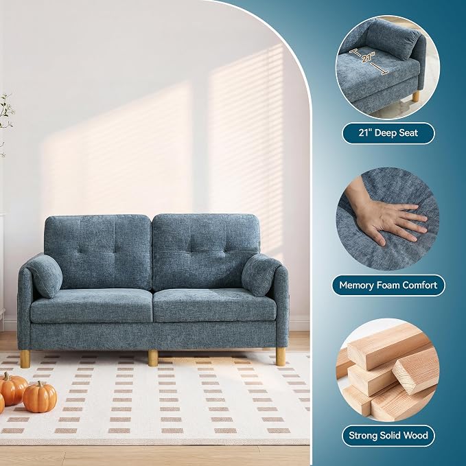 65" Loveseat Sofa, Mid Century Loveseat Couch for Living Room with Storage Pockets, Upholstered Small Loveseat for Small Spaces, Bedroom, Home Office, Apartments, Small Sofa Chenille Navy Blue