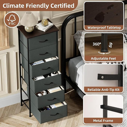Somdot Tall Dresser for Bedroom with 6 Drawers, Storage Organizer Chest of Drawers with Removable Fabric Bins for Closet Bedside Living Room Laundry Entryway Hallway, Charcoal Grey