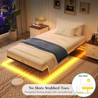 Awesofurni Floating Bed Frame Twin Size, Twin Bed Frame with Smart LED Lights, Heavy Duty Modern Metal Platform Bed No Box Spring Needed - Easy Assembly and Noise Free