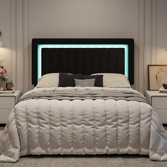 SHA CERLIN Queen Size Velvet Bed Frame with LED Light, Adjustable Vertical Channel Tufted Headboard, Strong Wooden Slats Support, Noise-Free, No Box Spring Needed, Black