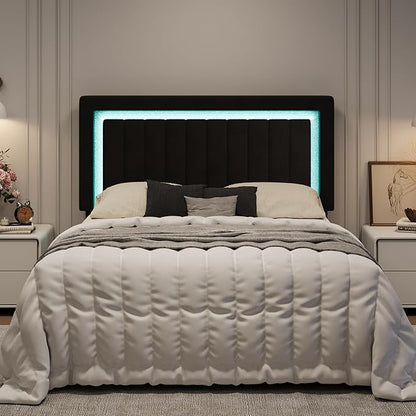 SHA CERLIN Full Size Velvet Bed Frame with LED Light, Adjustable Vertical Channel Tufted Headboard, Strong Wooden Slats Support, Noise-Free, No Box Spring Needed, Black