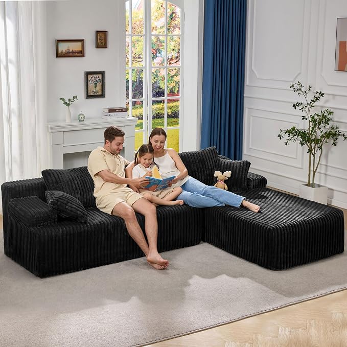 Hobestluk Boneless Couch Modular Sectional Sofa L-Shape Oversized Chaise | 108" Right Facing Chaise Black,Memory Foam,Removable Cover,Non-slip Bottom,No Assemble Required,Living Room Furniture