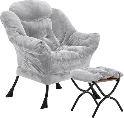 Youtanic Lazy Chair with Folding Ottoman, Accent Chair Plush Upholstered with Metal Structure and Non-Slip Pads, Sofa Armchair with Footrest and Side Storage Bag for Dorm, Room, Office, Light Gray