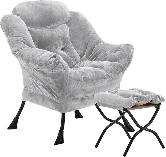 Youtanic Lazy Chair with Folding Ottoman, Accent Chair Plush Upholstered with Metal Structure and Non-Slip Pads, Sofa Armchair with Footrest and Side Storage Bag for Dorm, Room, Office, Light Gray
