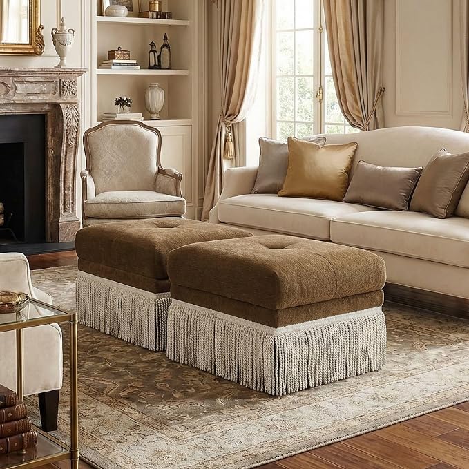 Hyfirm Brown Upholstered Accent Ottoman with Fringe, 22 Inch Square Plush Footstool Ottomans Bench for Bedroom, Modern Boho Pouf Foot Rest for Living Room, Couch