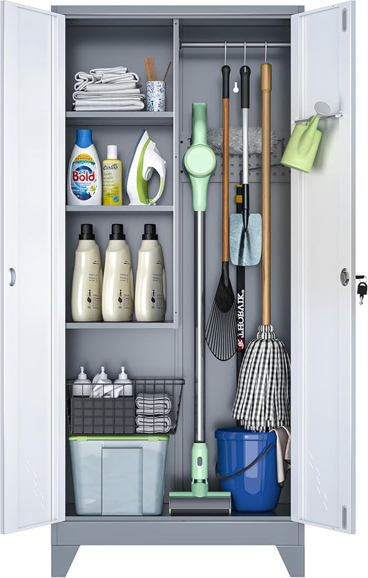 61" Broom Storage Cabinet, Cleaning Tool Storage Cabinet, Garage Utility Storage, Metal Broom Closet for Home, Garage, Utility Room, Hanging Rod (Gray White, Door-2)